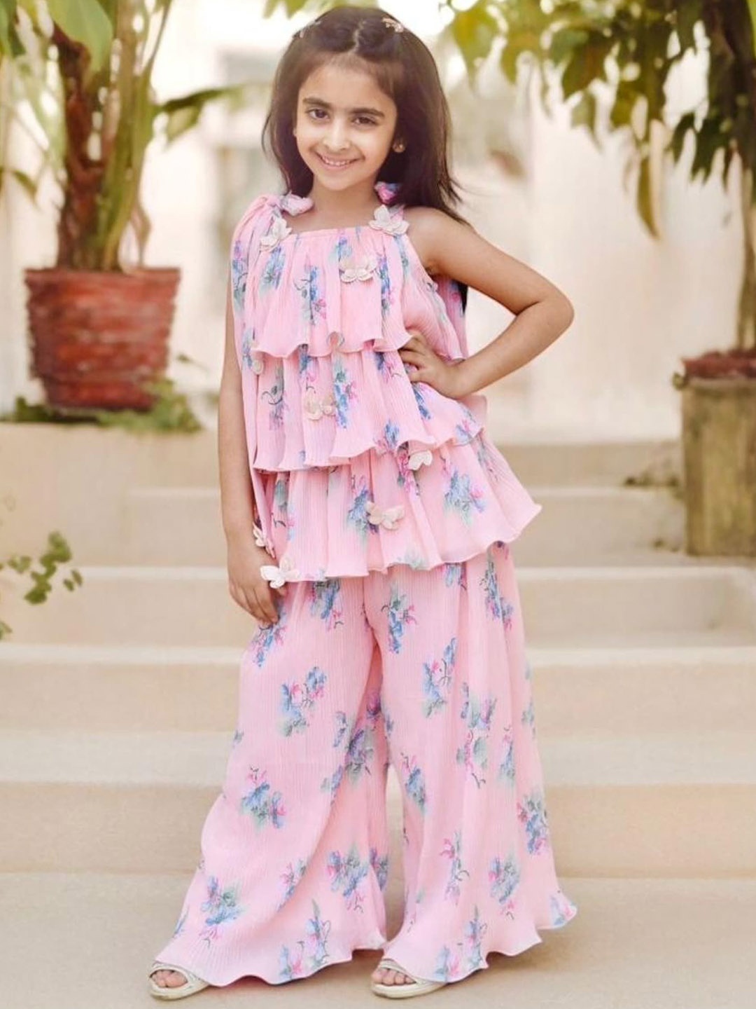 

Fayon Kids Girls Floral Printed Regular Kurti with Palazzos, Peach