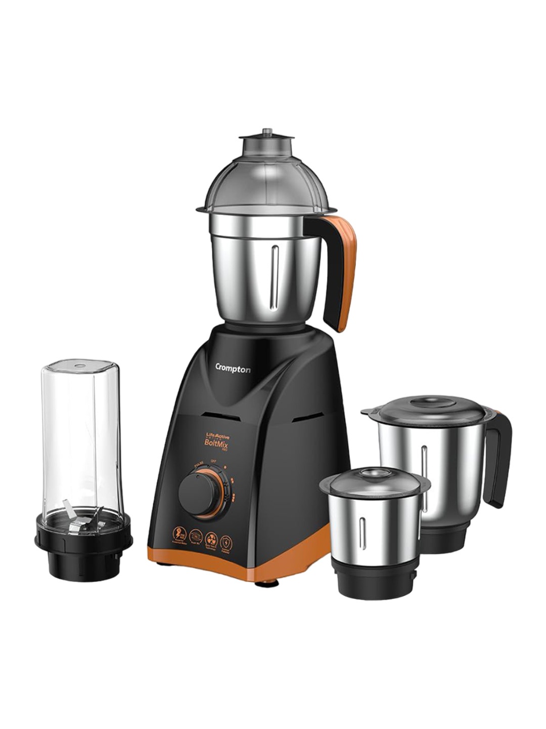 

Crompton Black Boltmix Pro Mixer Grinder With 3 Stainless Steel Blade & 1 Unbreakable Jar