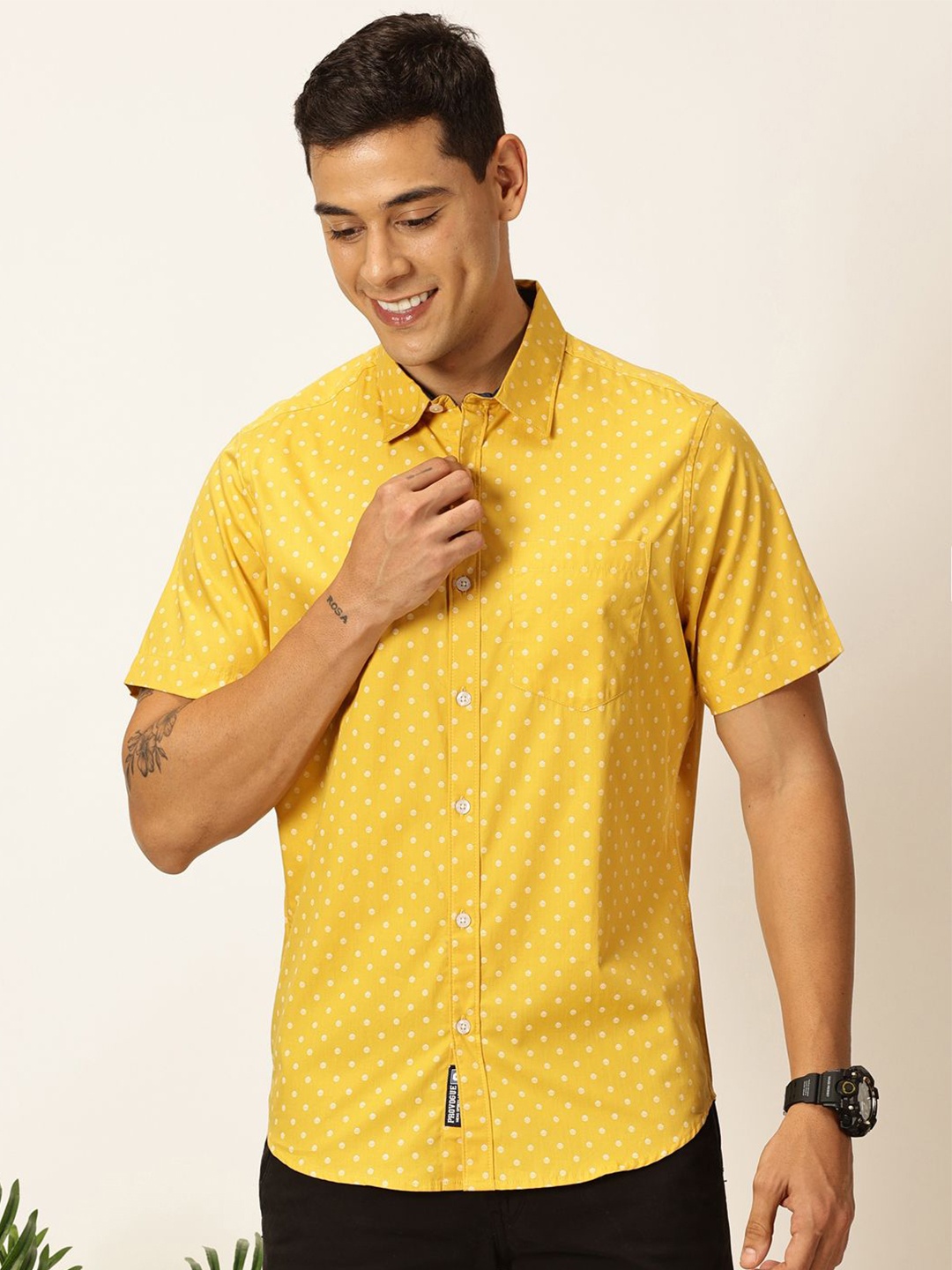 

Provogue Men Original Spread Collar Micro Ditsy Printed Cotton Slim Fit Casual Shirt, Yellow