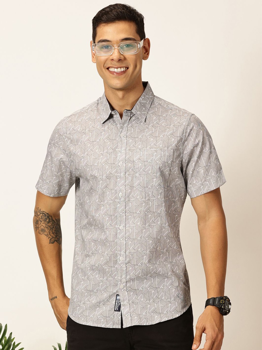 

Provogue Original Slim Fit Geometric Printed Pure Cotton Casual Shirt, Grey