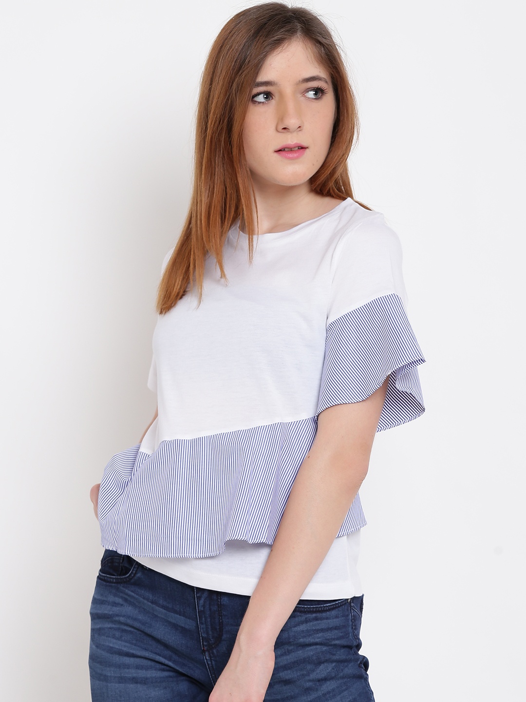 

Madame Women White & Blue Solid Ruffled Top