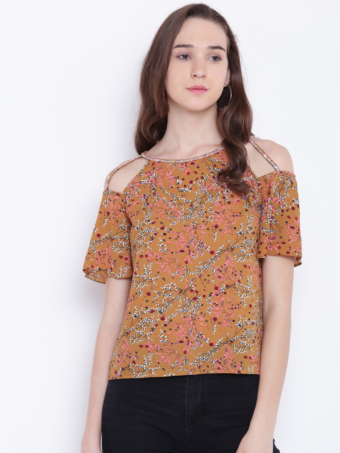 

Madame Women Mustard Brown Cold Shoulder Printed Top