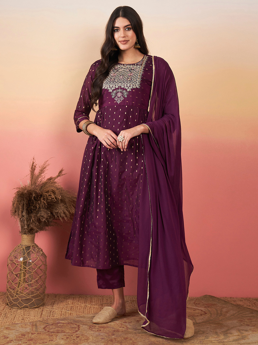 

Indo Era Women Embroidered Empire Sequinned Chanderi Kurta with Trousers & With Dupatta, Burgundy