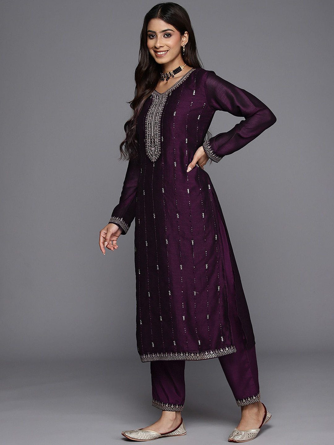 

Indo Era Women Floral Embroidered Regular Sequinned Kurta with Trousers & With Dupatta, Purple