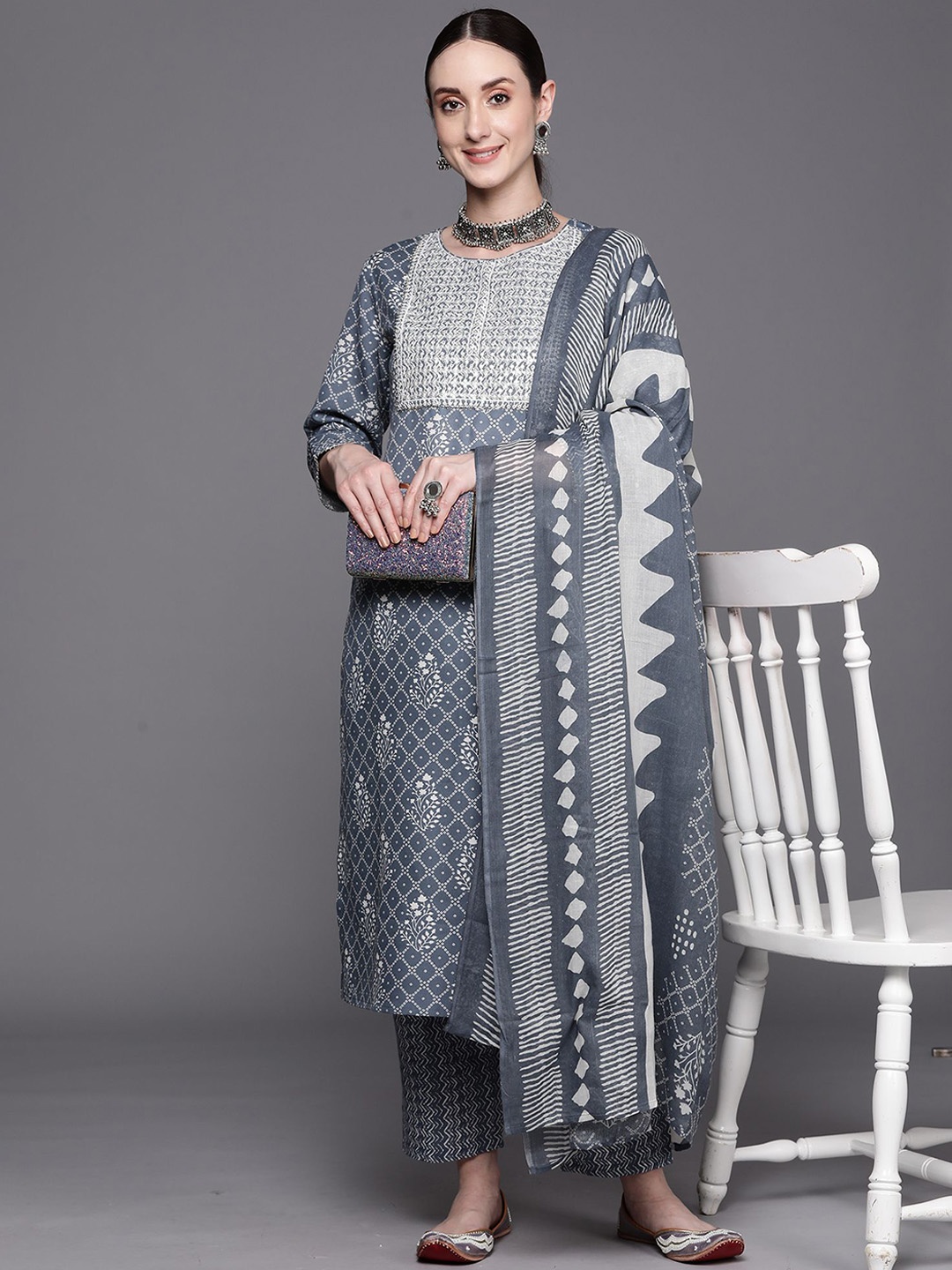 

Indo Era Women Floral Printed Regular Sequinned Pure Cotton Kurta with Trousers & With Dupatta, Blue