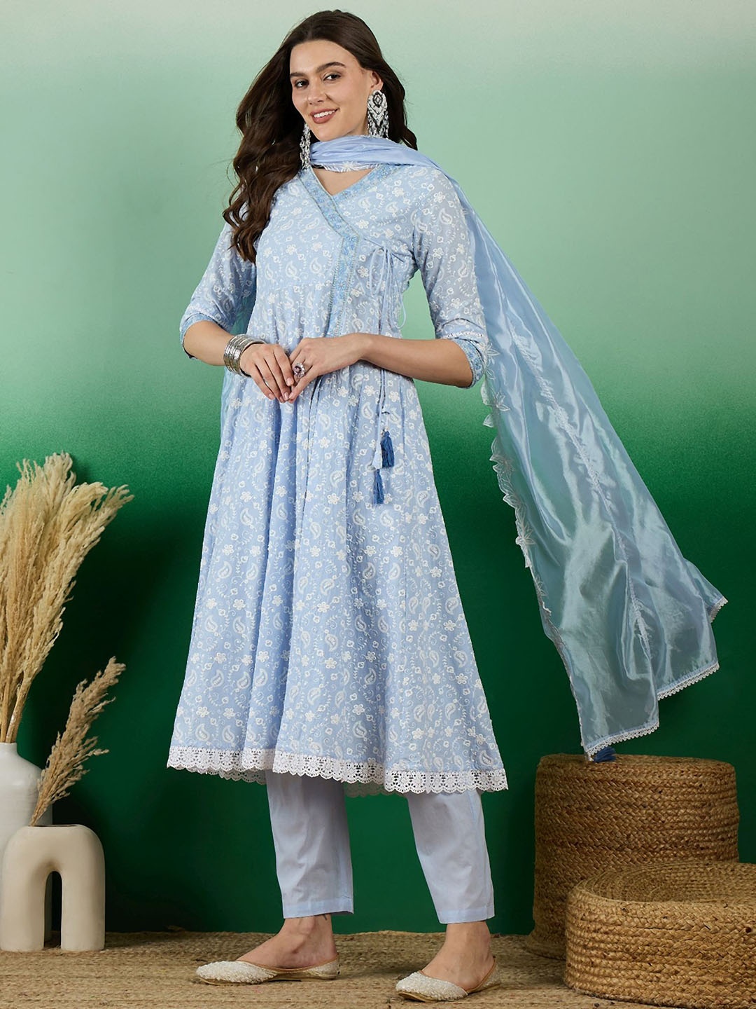 

Sangria Embroidered Pure Cotton A-Line Kurta With Trouser & Dupatta Set, Blue