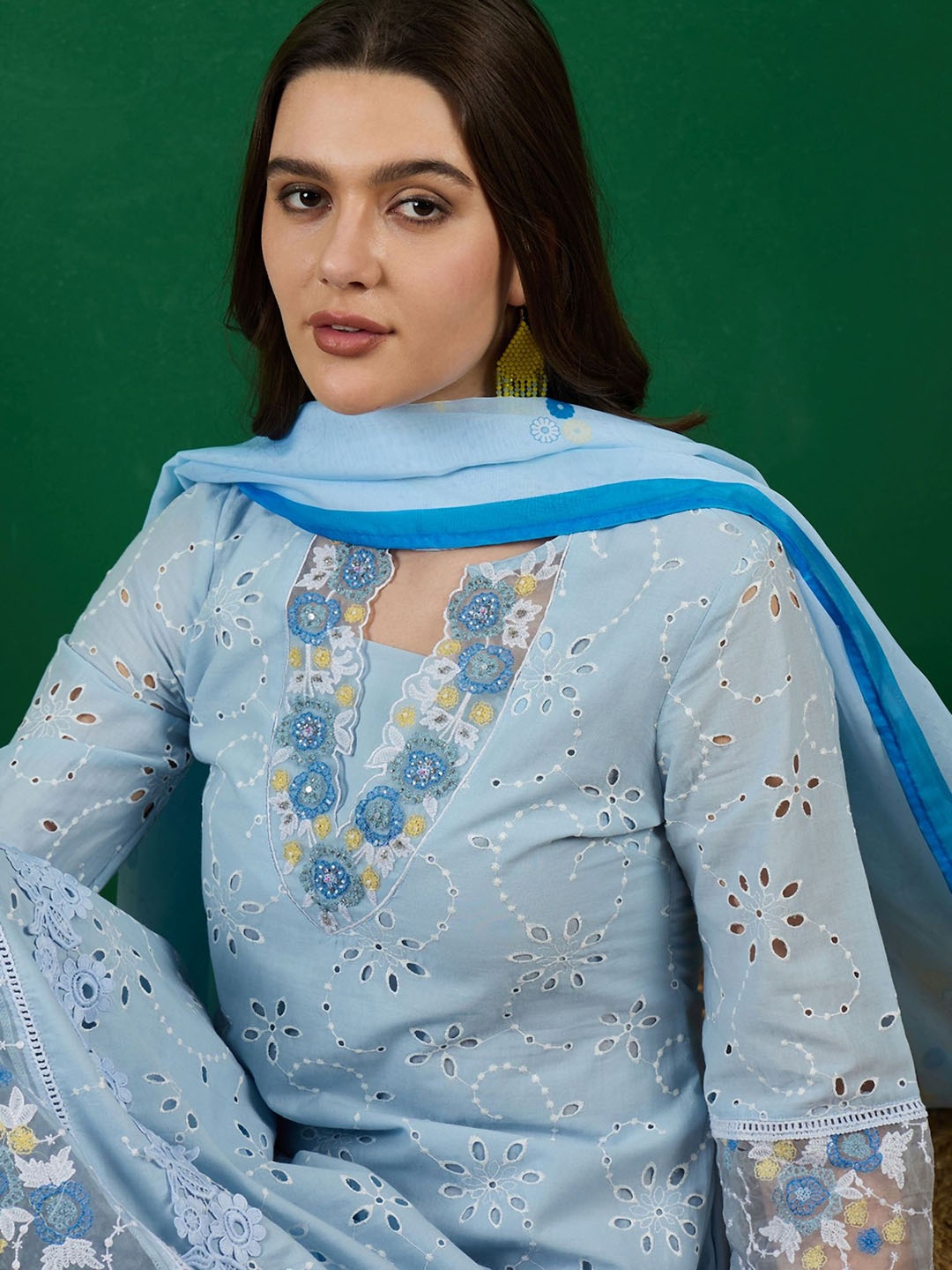 

Sangria Embroidered Cotton Straight Kurta With Trouser & Dupatta Set, Blue