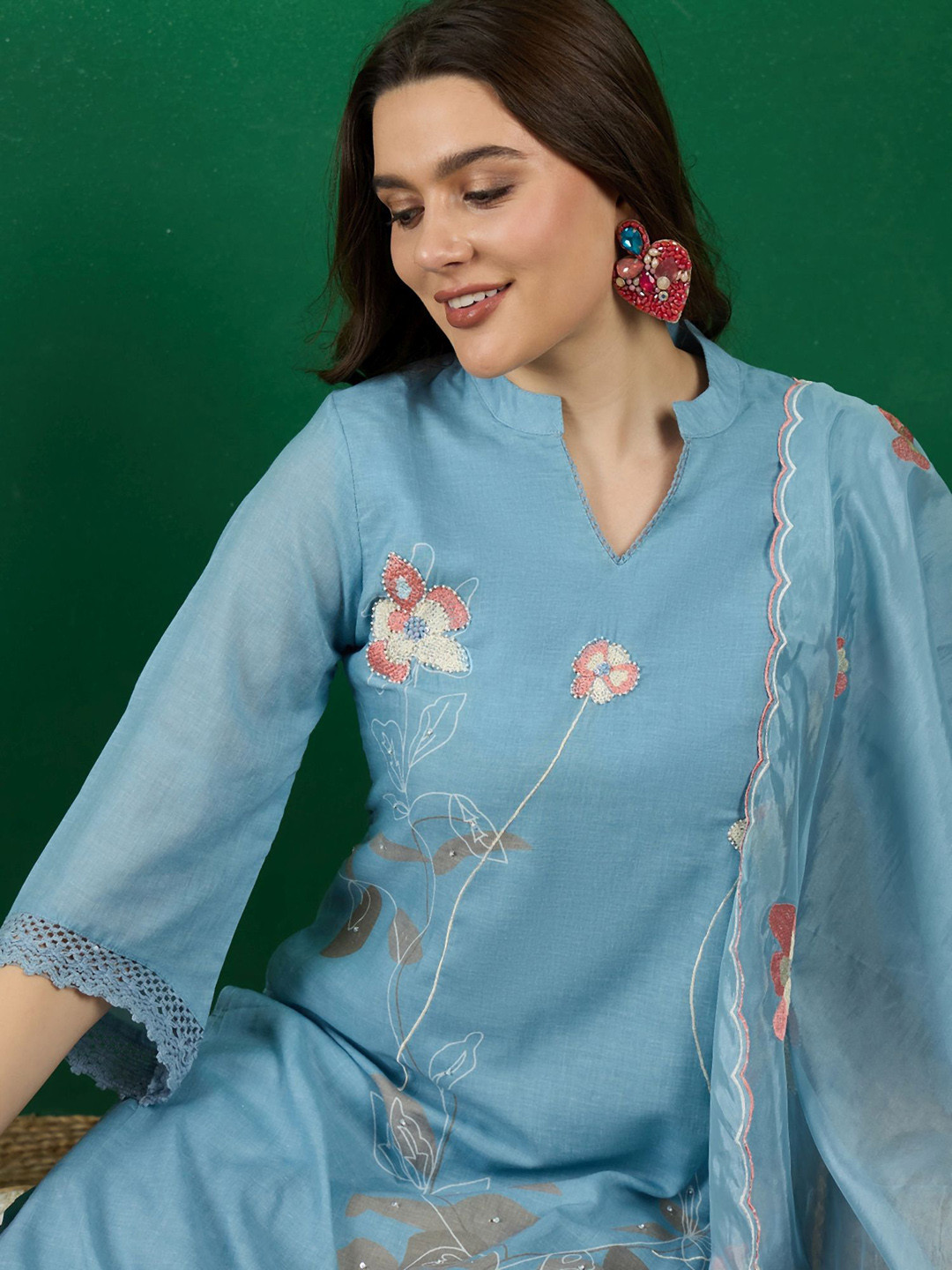 

Sangria Printed & Embroidered Straight Kurta With Trouser & Dupatta Set, Blue