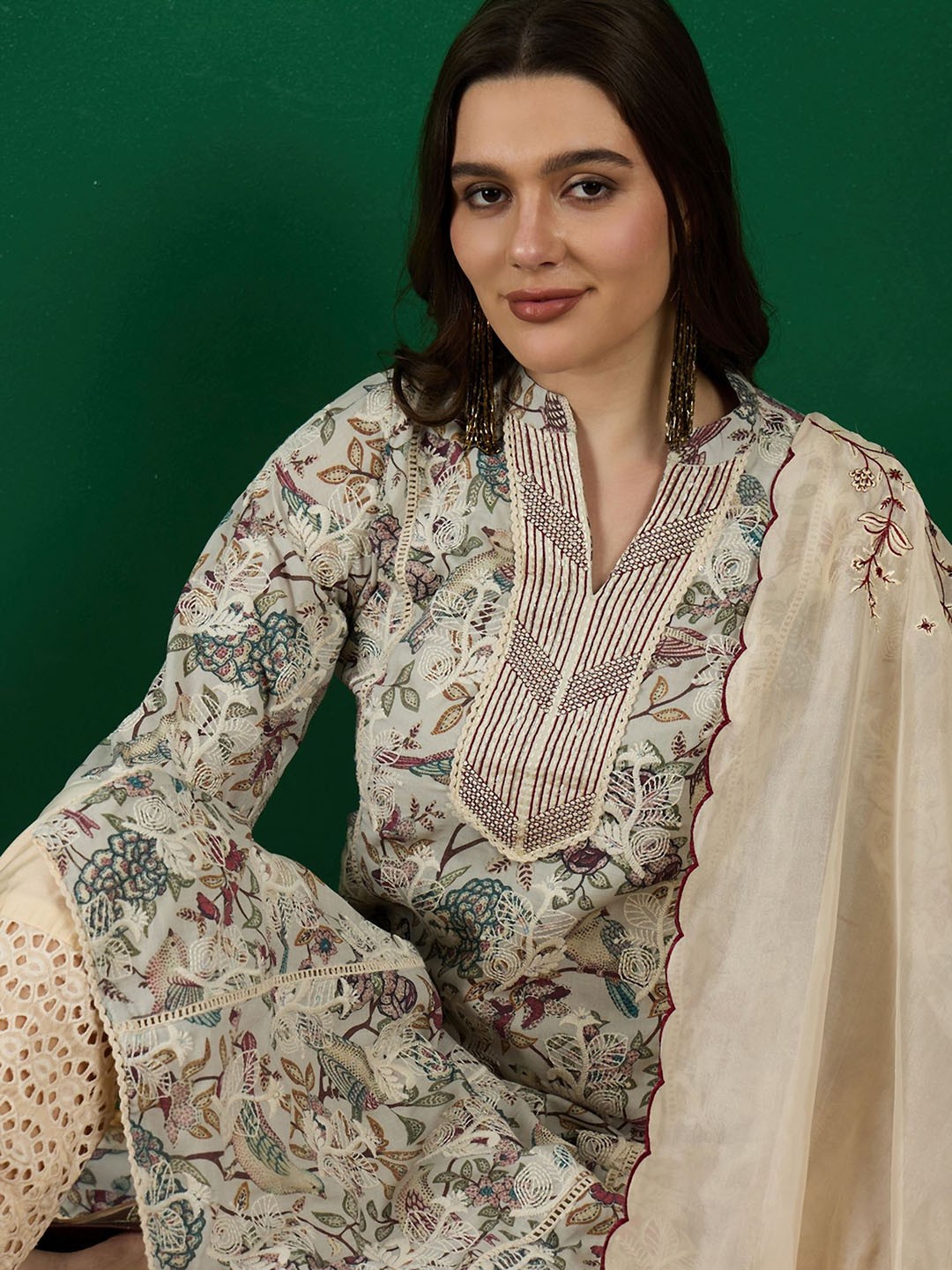 

Sangria Printed & Embroidered Straight Kurta With Trouser & Dupatta Set, Beige