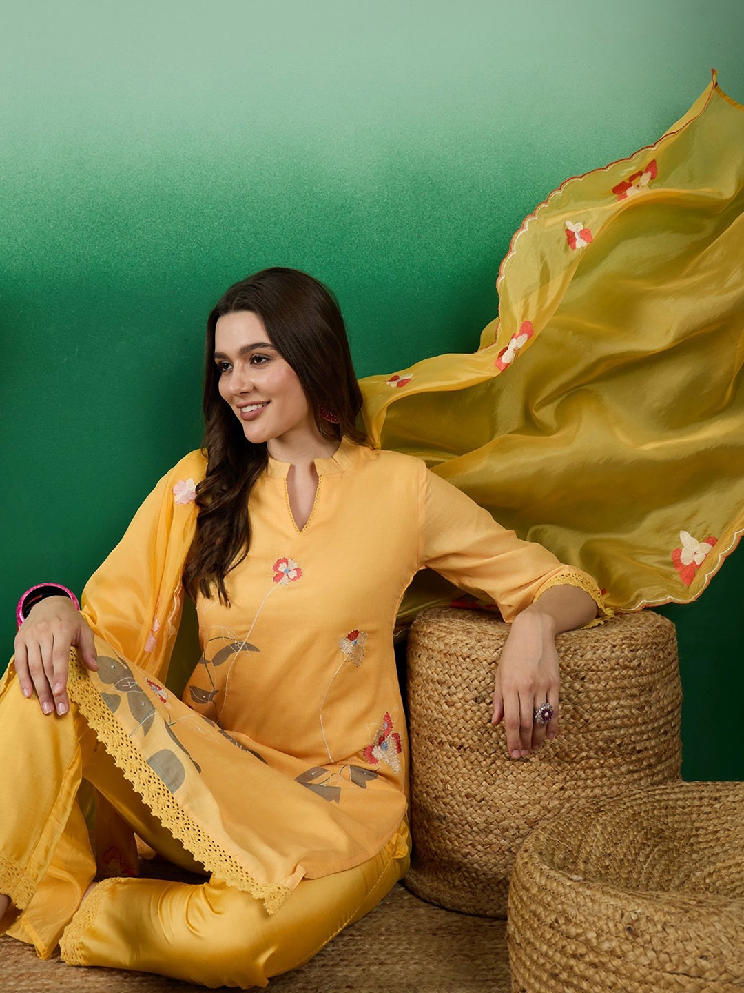 

Sangria Digital Printed Straight Kurta With Trouser & Dupatta, Yellow