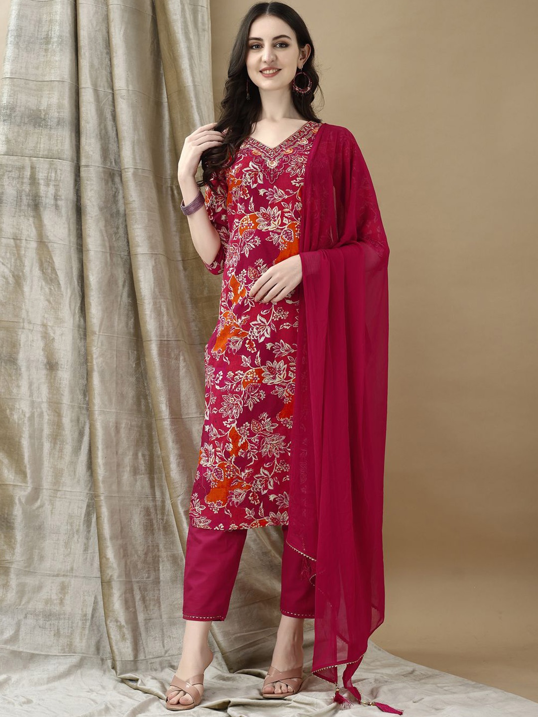 

KALINI Women Floral Printed Regular Thread Work Kurta with Trousers & With Dupatta, Pink