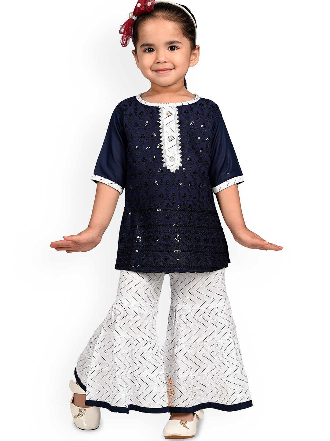 

BAESD Girls Ethnic Motifs Embroidered Regular Thread Work Kurti with Sharara, Navy blue