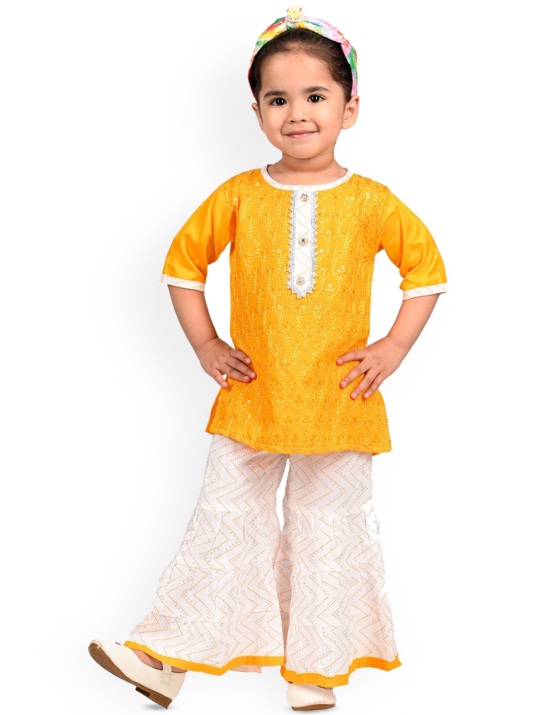 

BAESD Girls Floral Embroidered Regular Sequinned Kurti with Sharara, Yellow
