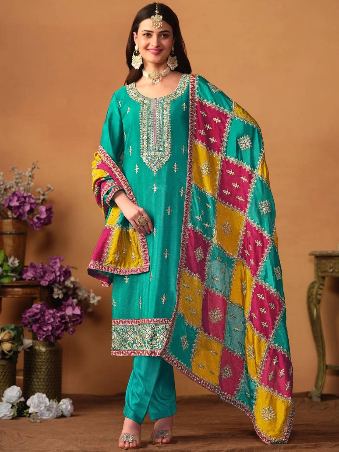 

ODETTE Women Floral Embroidered Regular Kurta with Trousers & With Dupatta, Teal