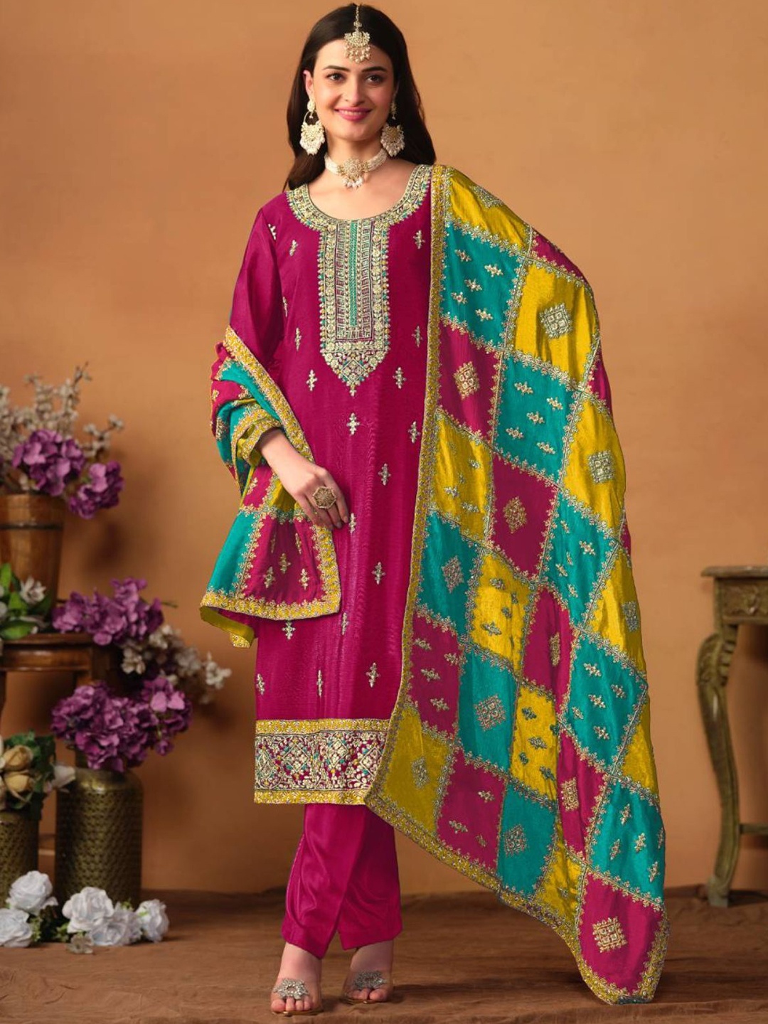 

ODETTE Women Floral Embroidered Regular Kurta with Trousers & With Dupatta, Pink