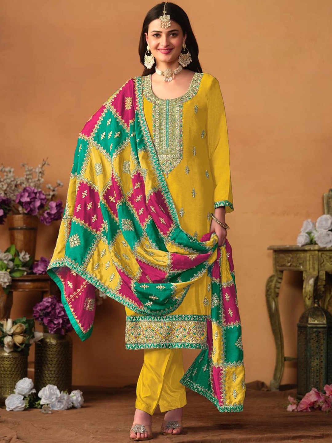 

ODETTE Women Ethnic Motifs Embroidered Regular Thread Work Kurta with Trousers & With Dupatta, Yellow