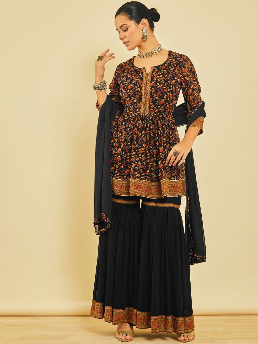 

Soch Women Floral Printed Pleated Beads and Stones Kurta with Sharara & With Dupatta, Black
