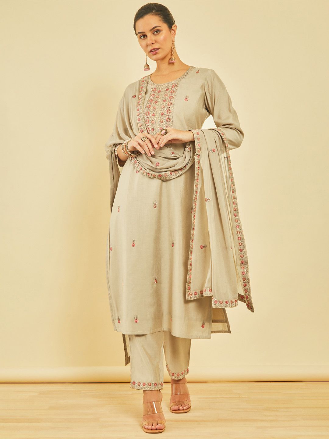 

Soch Women Ethnic Motifs Embroidered Regular Sequinned Chanderi Silk Kurta with Trousers & With Dupatta, Beige