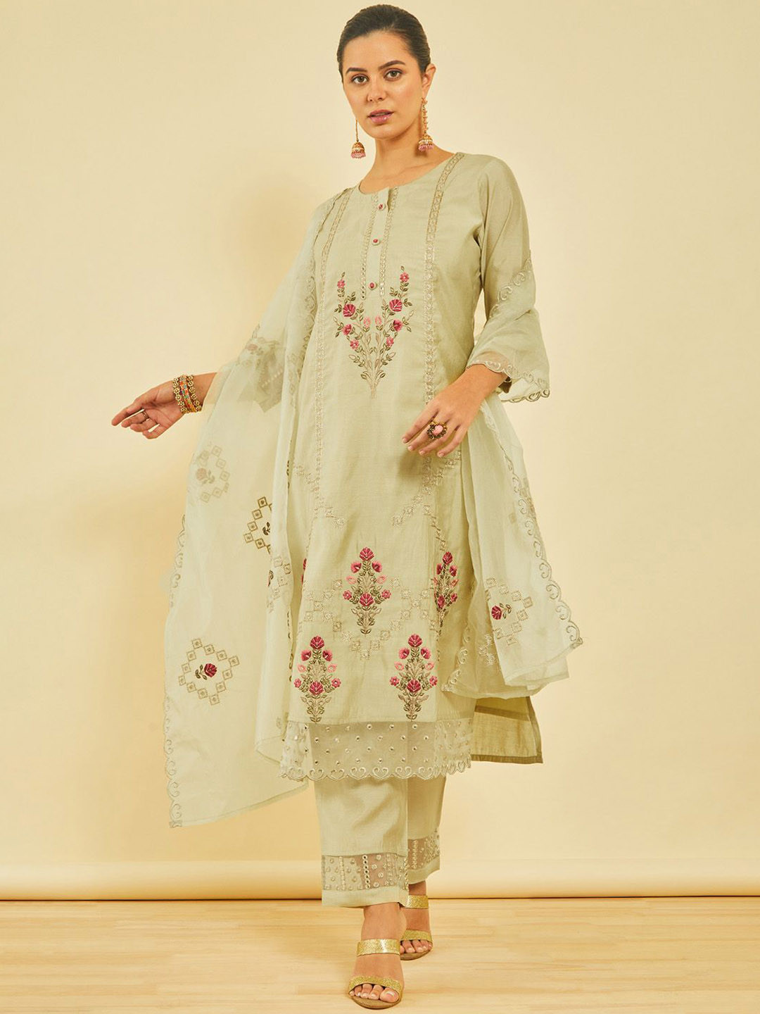 

Soch Women Floral Embroidered Regular Thread Work Chanderi Silk Kurta with Trousers & With Dupatta, Beige