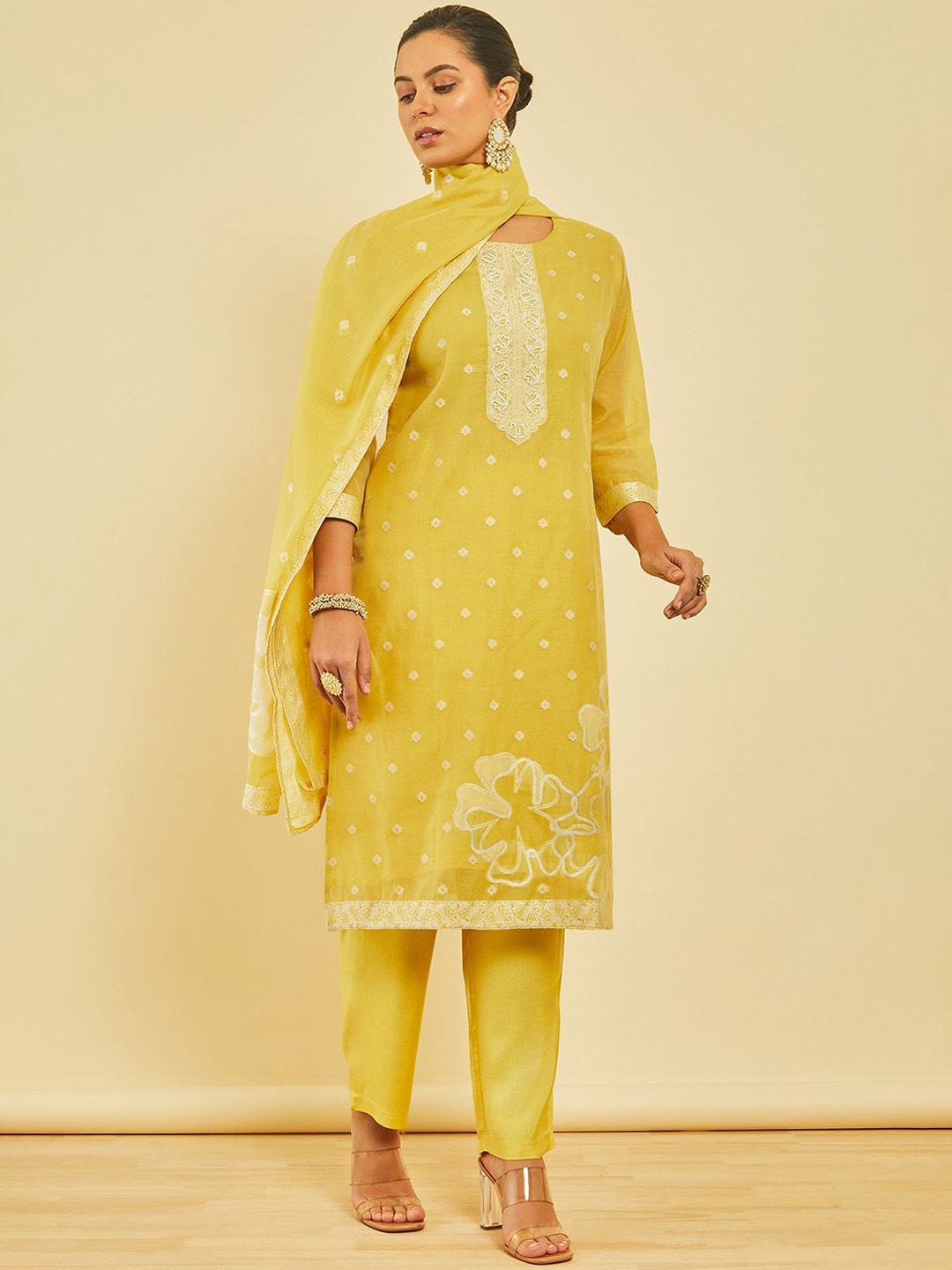 

Soch Women Floral Regular Beads and Stones Chanderi Silk Kurta with Trousers & With Dupatta, Yellow