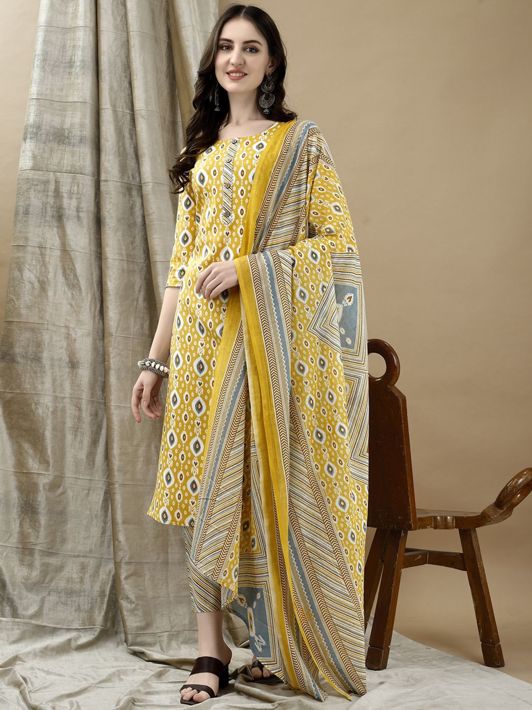 

KALINI Women Ethnic Motifs Printed Regular Kurta with Trousers & With Dupatta, Yellow