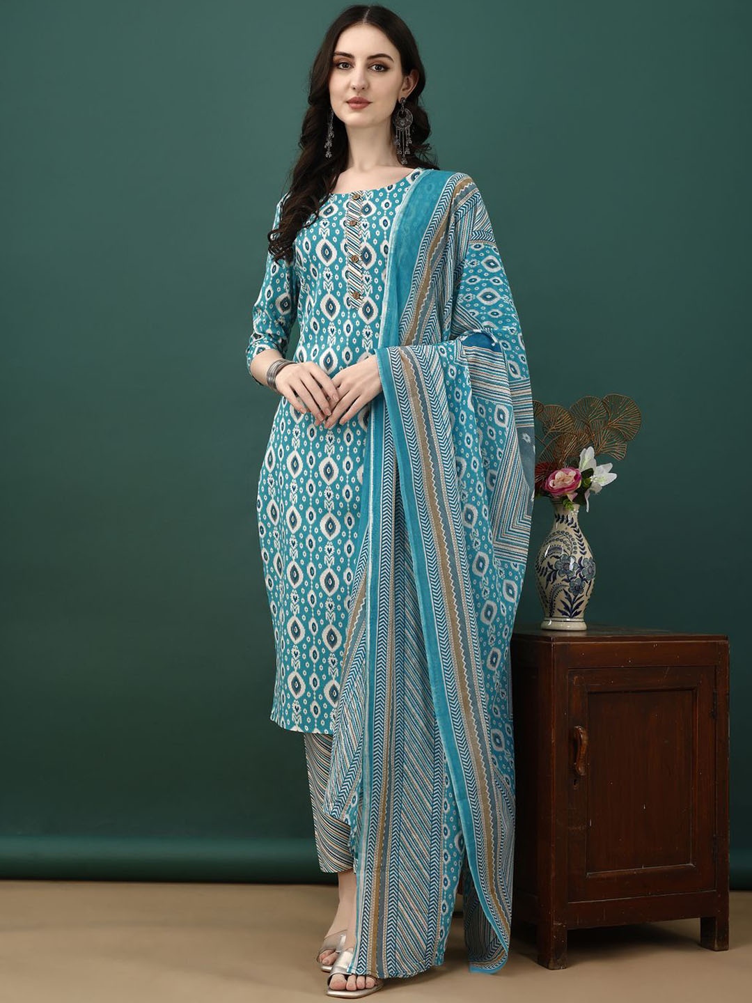 

KALINI Women Ethnic Motifs Printed Regular Kurta with Trousers & With Dupatta, Blue