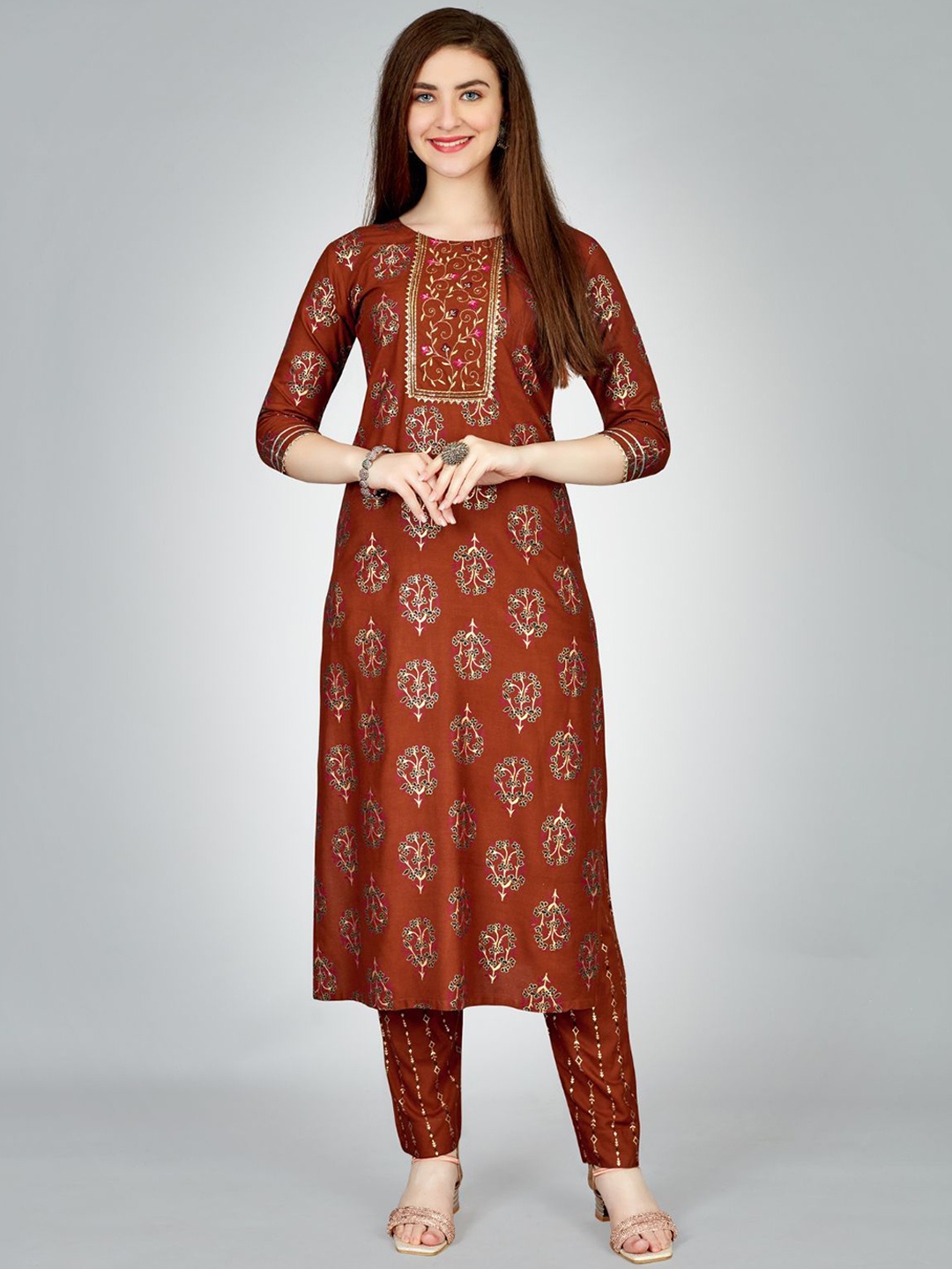 

ODETTE Women Floral Embroidered Regular Kurta with Trousers, Rust