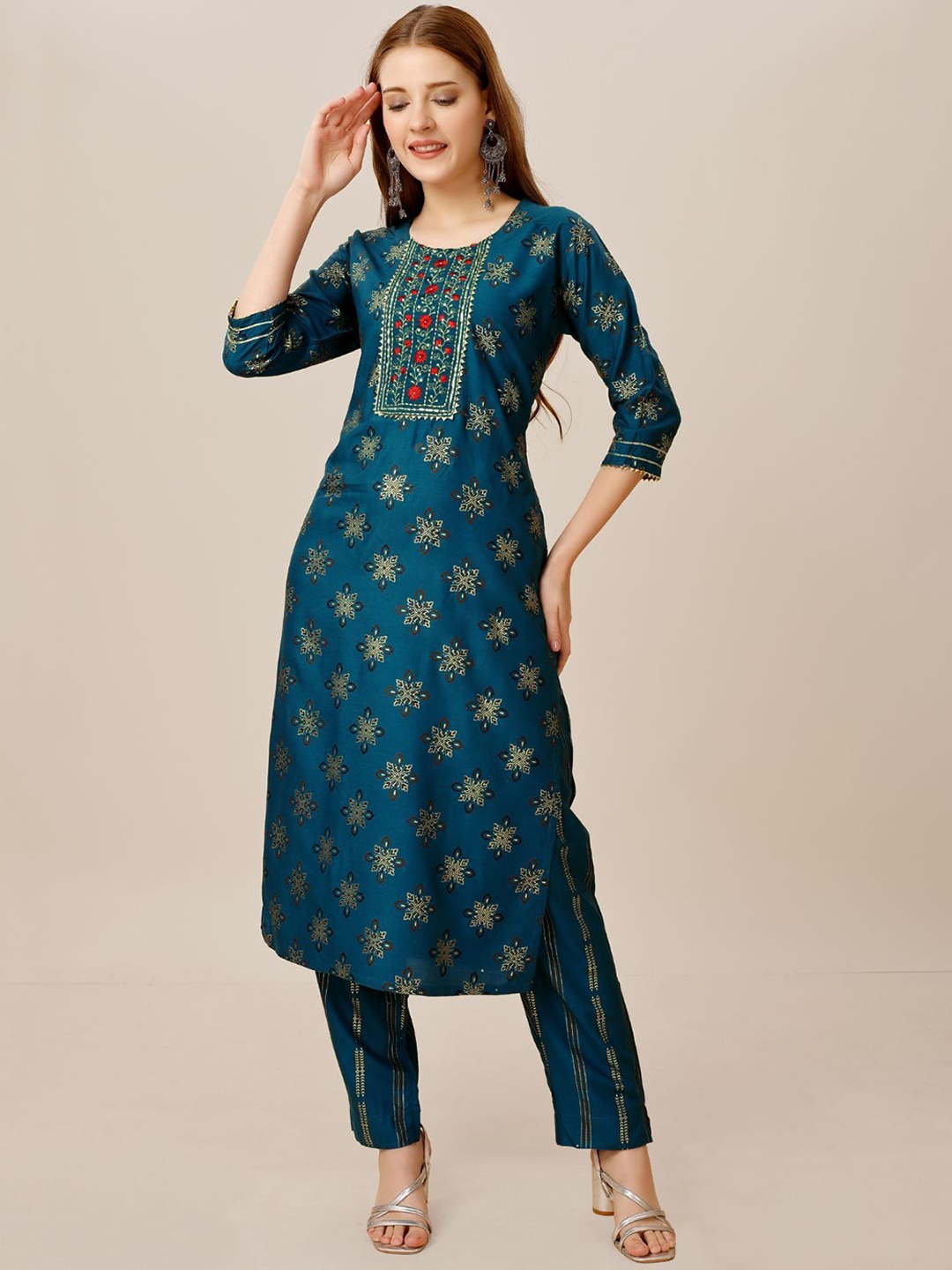 

ODETTE Women Ethnic Motifs Embroidered Regular Kurta with Trousers, Blue