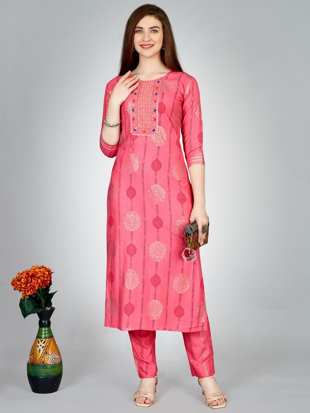 

ODETTE Women Floral Embroidered Regular Thread Work Kurta with Trousers, Pink