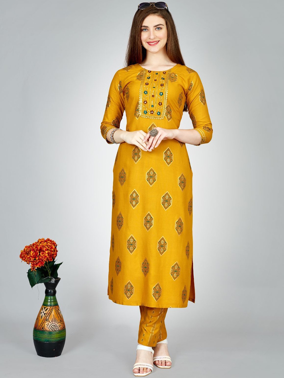 

ODETTE Women Floral Embroidered Regular Kurta with Trousers, Yellow