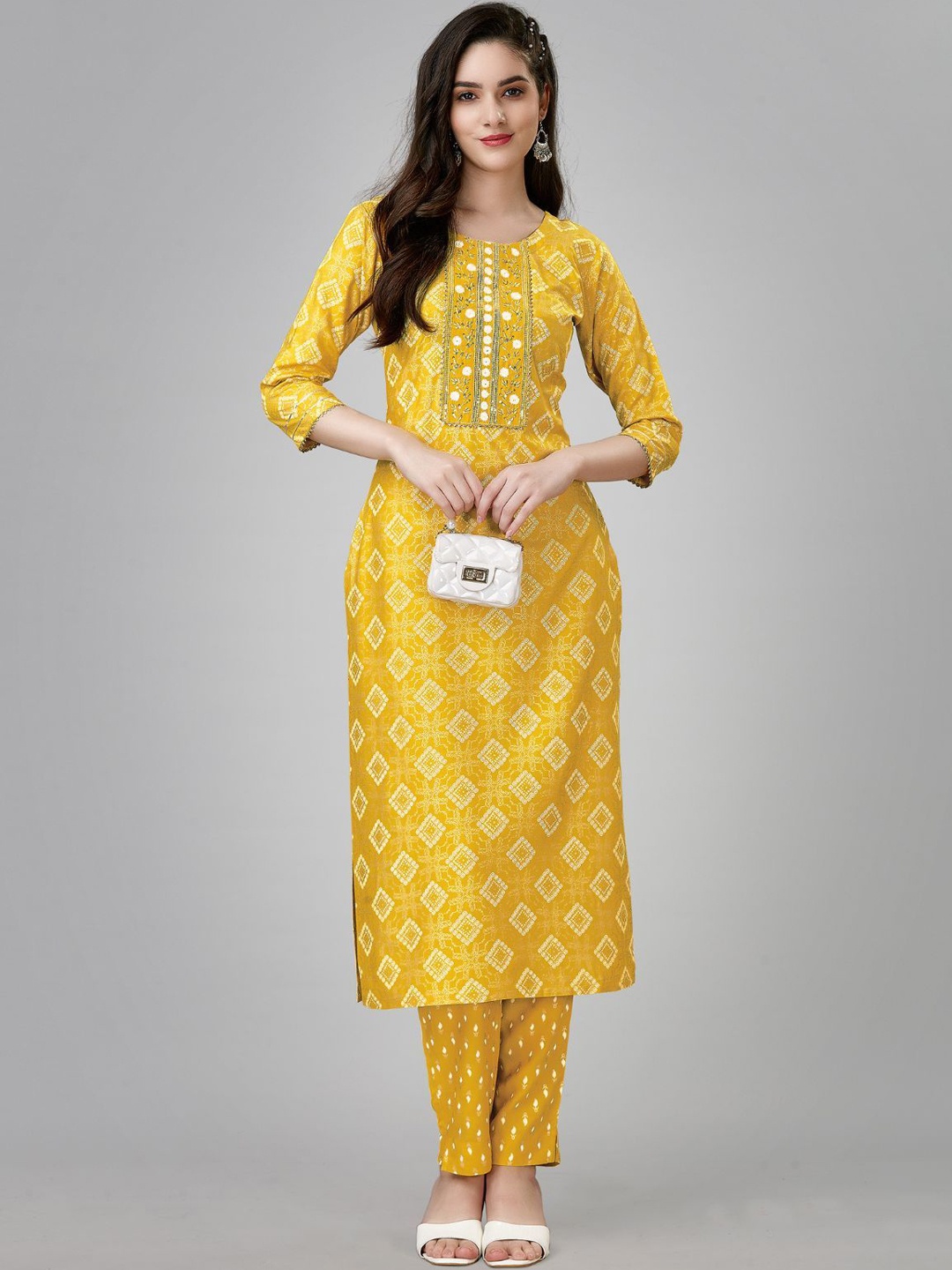 

ODETTE Women Printed Regular Kurta with Trousers, Yellow