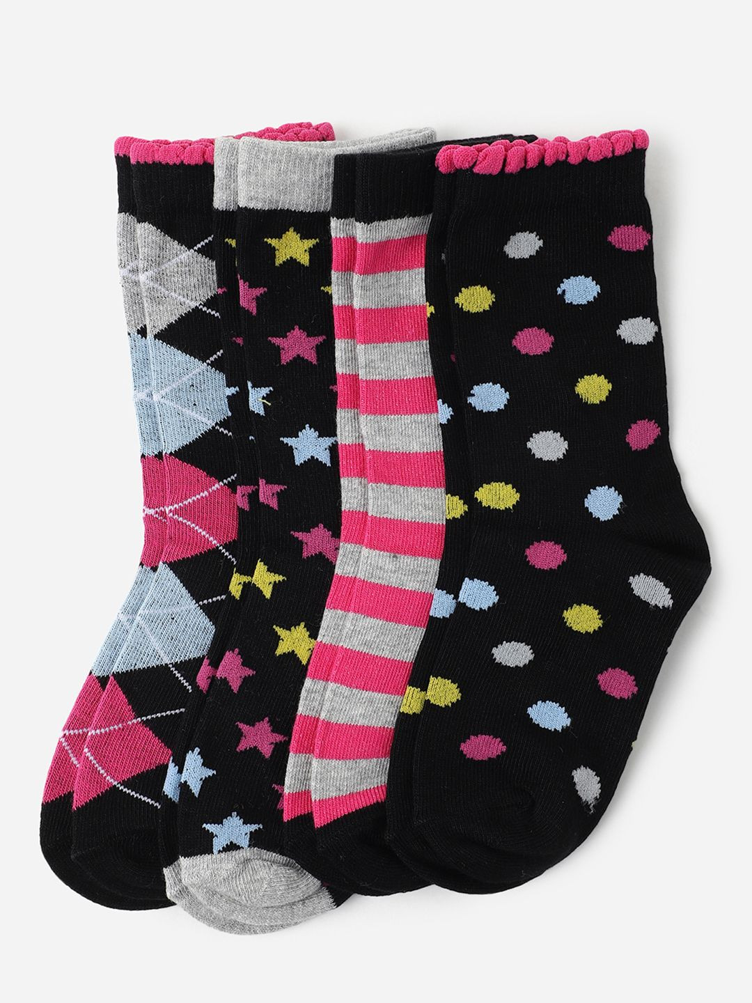 

United Colors of Benetton Girls Pack Of 4 Printed Ankle-Length Socks, Black