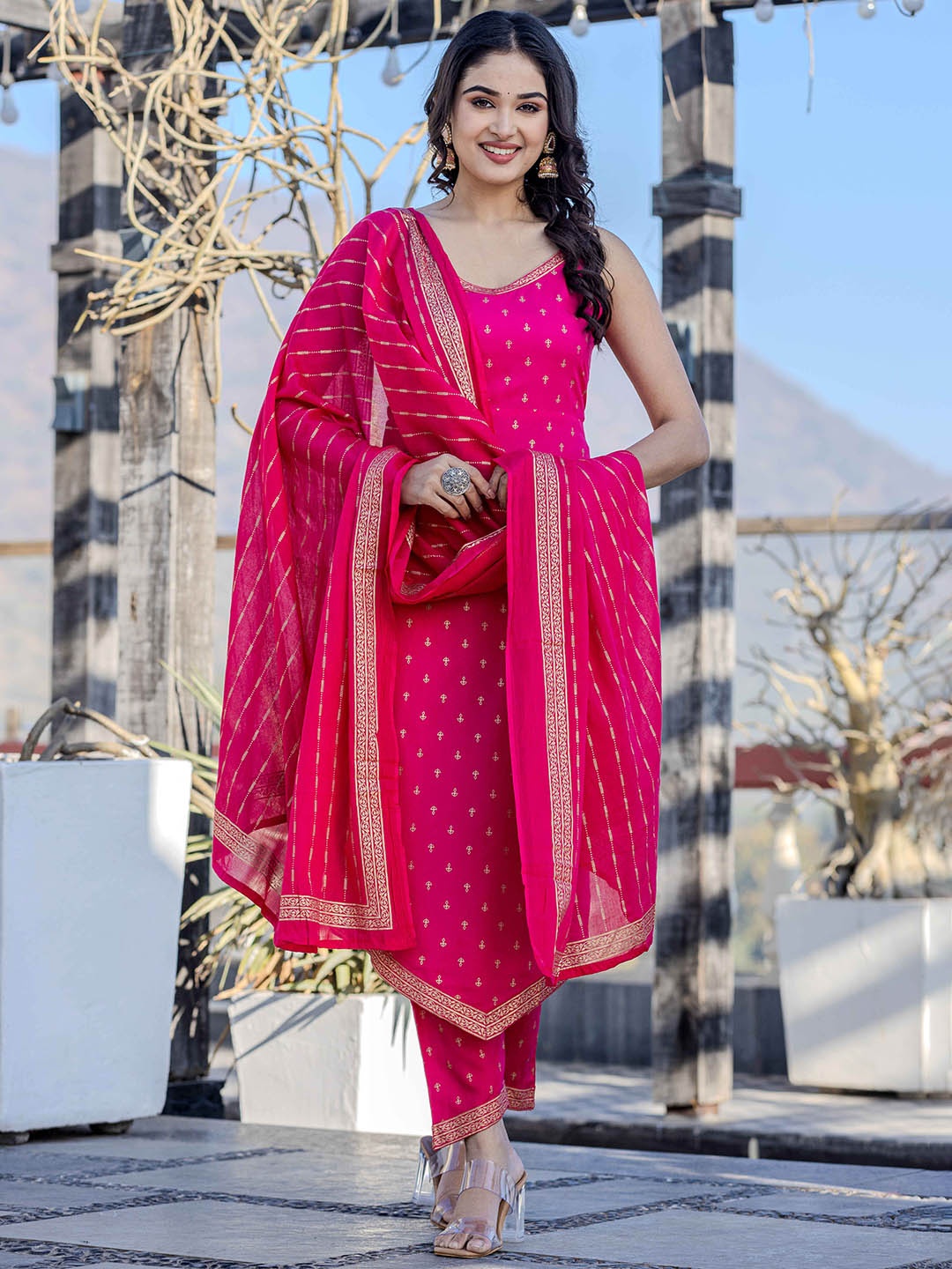 

Shedika Women Ethnic Motifs Printed Regular Kurta with Palazzos & With Dupatta, Pink