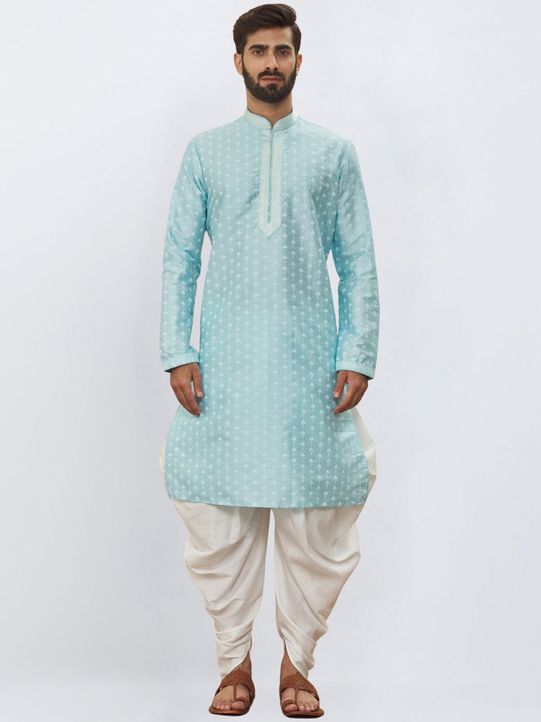 

SULAKSHACOUTUREZ Men Floral Embroidered Regular Thread Work Kurta with Dhoti Pants, Turquoise blue