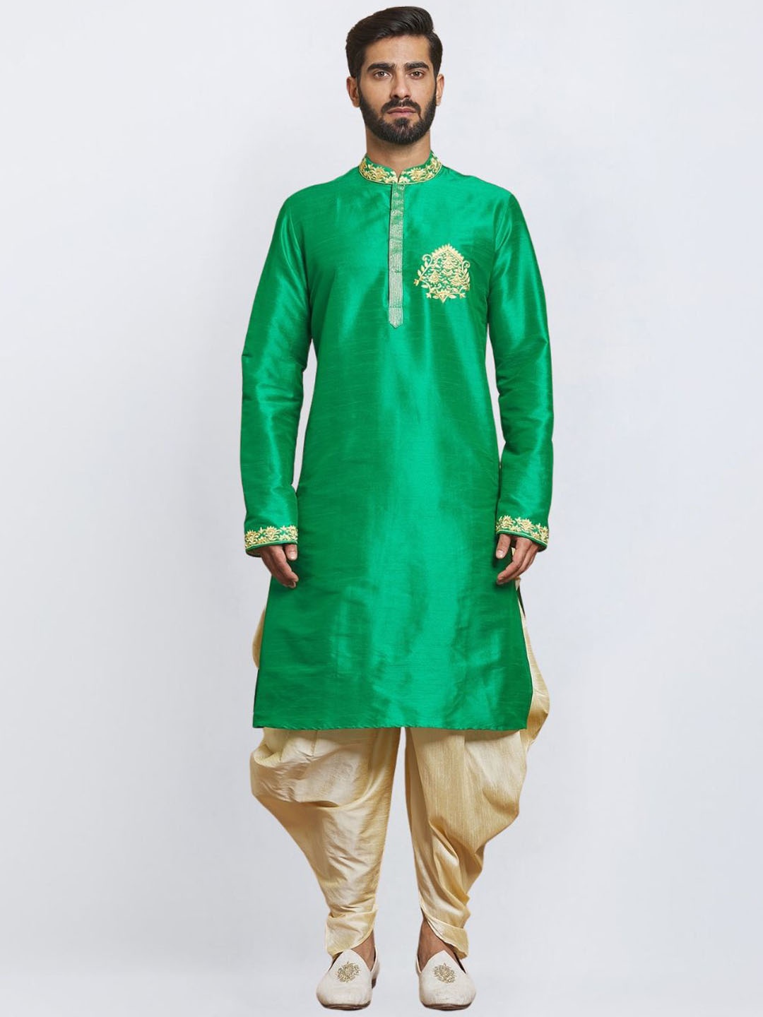 

SULAKSHACOUTUREZ Men Floral Embroidered Regular Thread Work Kurta with Dhoti Pants, Green