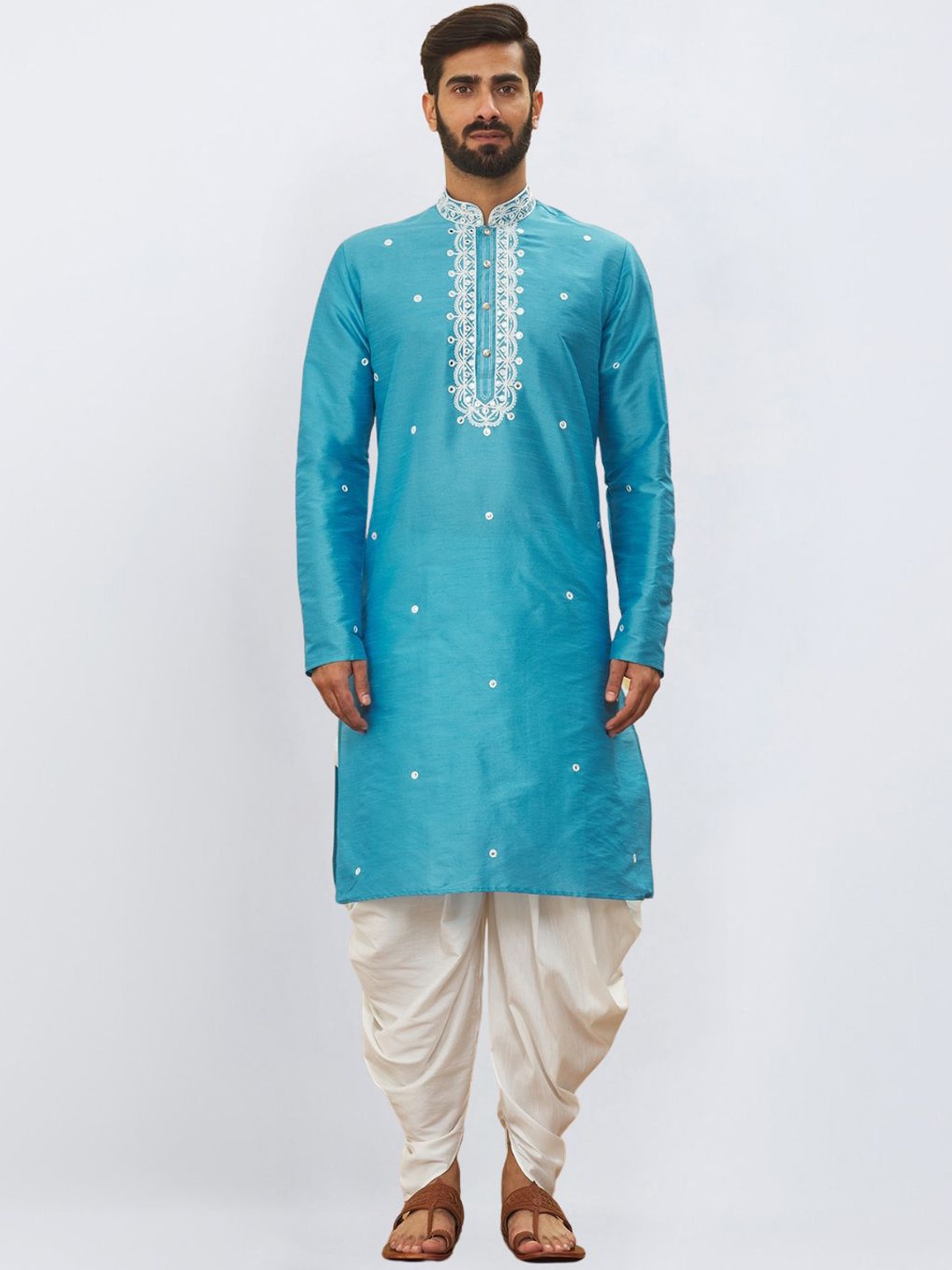 

SULAKSHACOUTUREZ Men Embroidered Regular Thread Work Kurta with Dhoti Pants, Turquoise blue