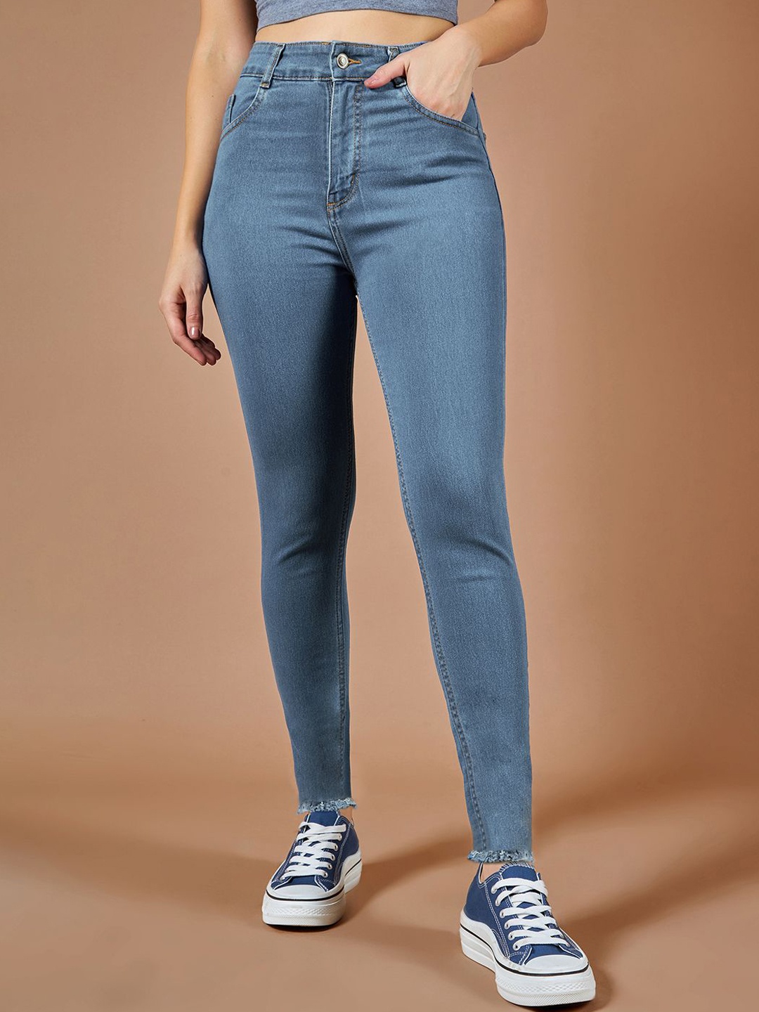 

Roadster Women Skinny High Rise Cropped Length Fringe Detailing Stretchable Denim Jeans, Blue