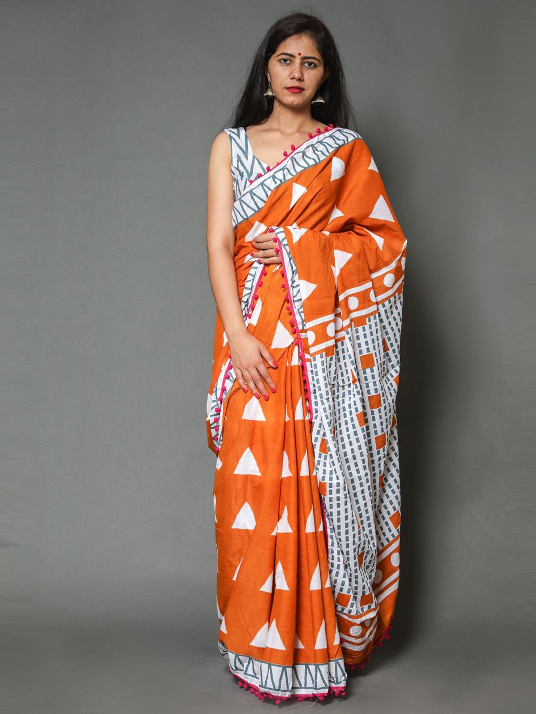 

JAIPURI PRINT Pure Cotton Bagru Saree, Orange