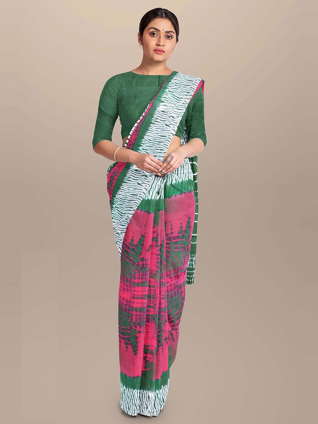 

JAIPURI PRINT Ethnic Motifs Pure Cotton Bagru Saree, Green