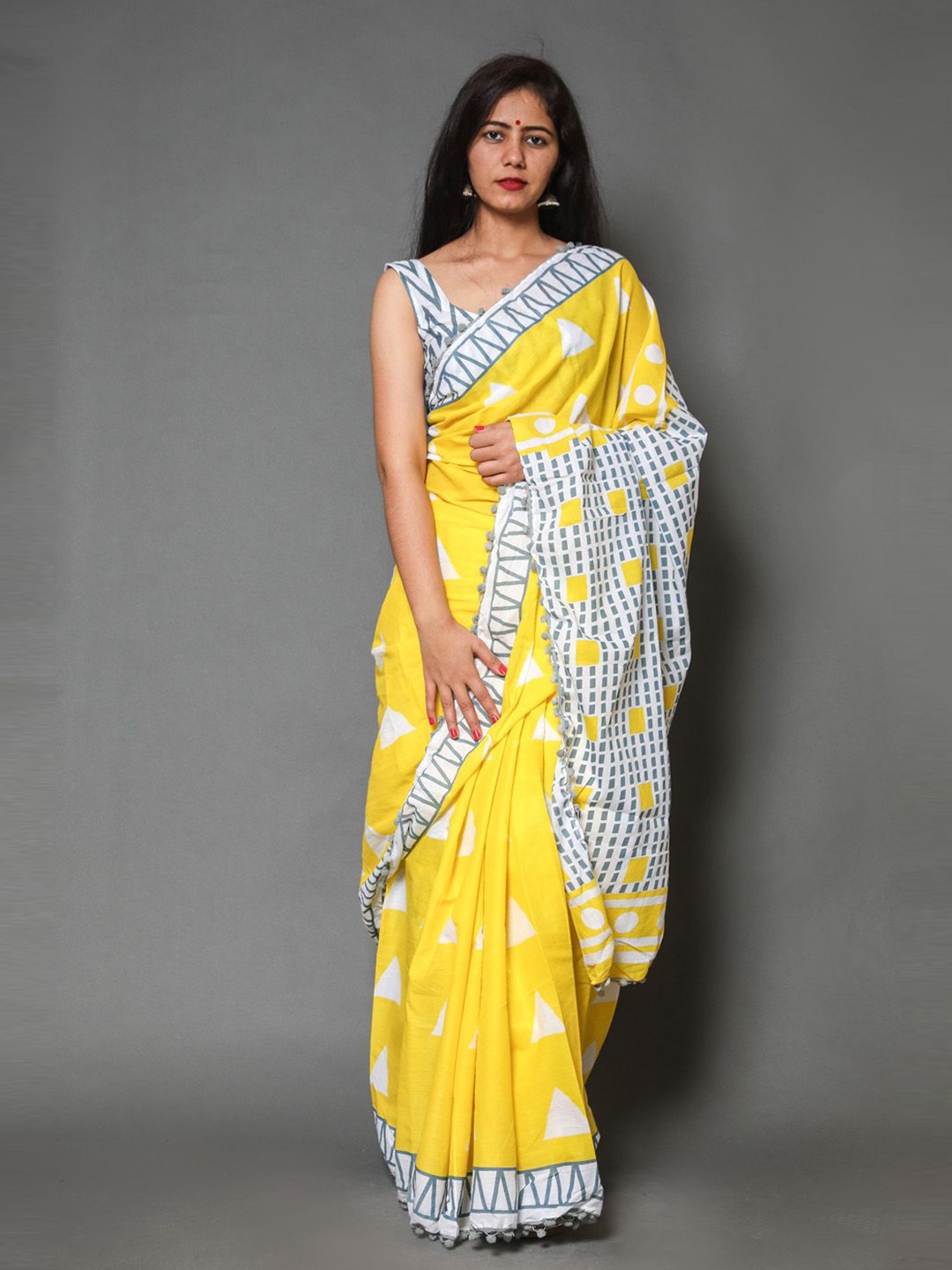 

JAIPURI PRINT Pure Cotton Bagru Saree, Yellow