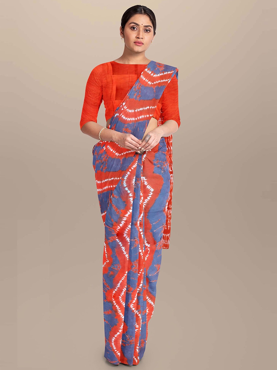 

JAIPURI PRINT Tie and Dye Pure Cotton Bagru Saree, Orange
