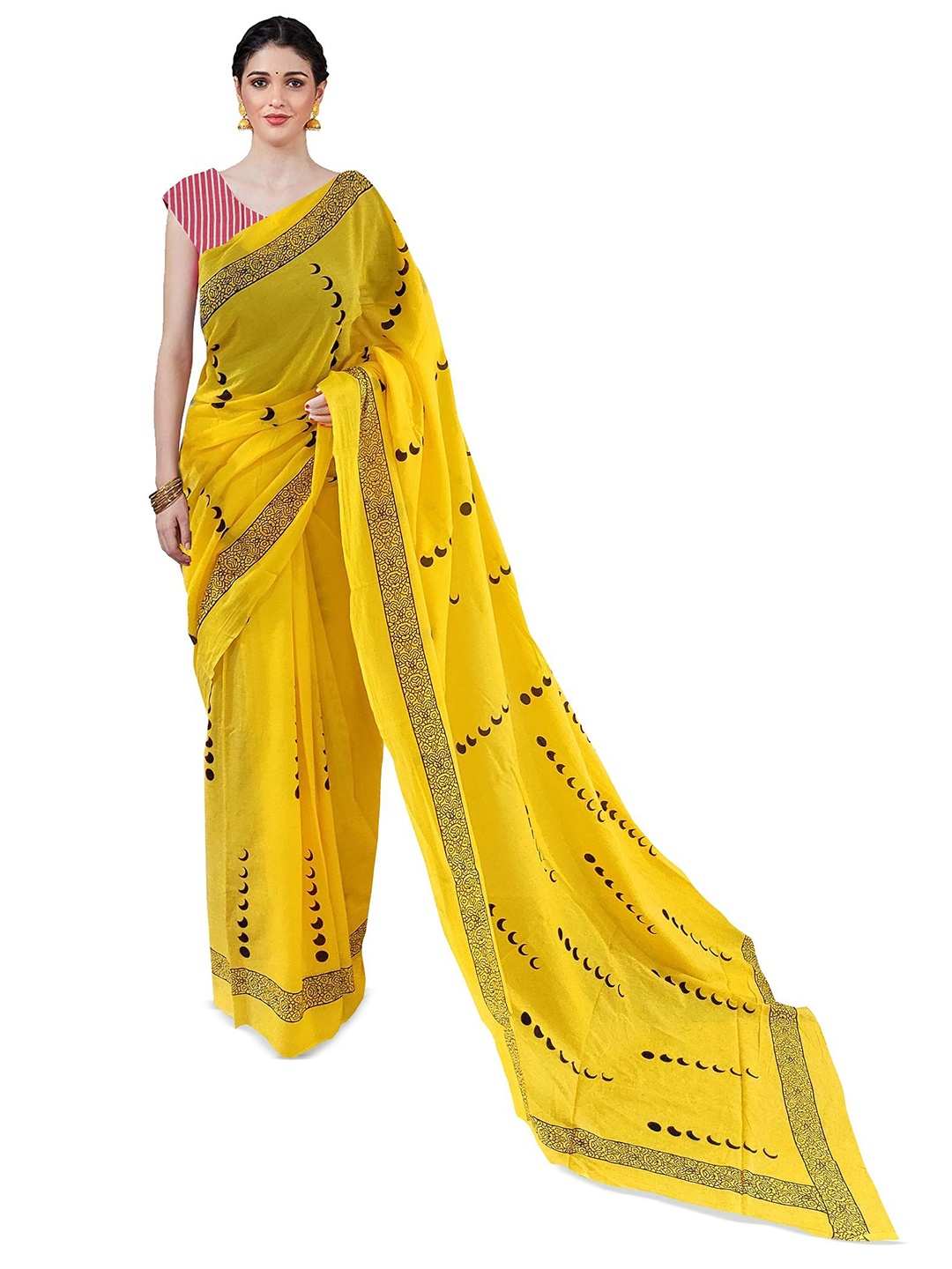

JAIPURI PRINT Ethnic Motifs Pure Cotton Bagru Saree, Yellow