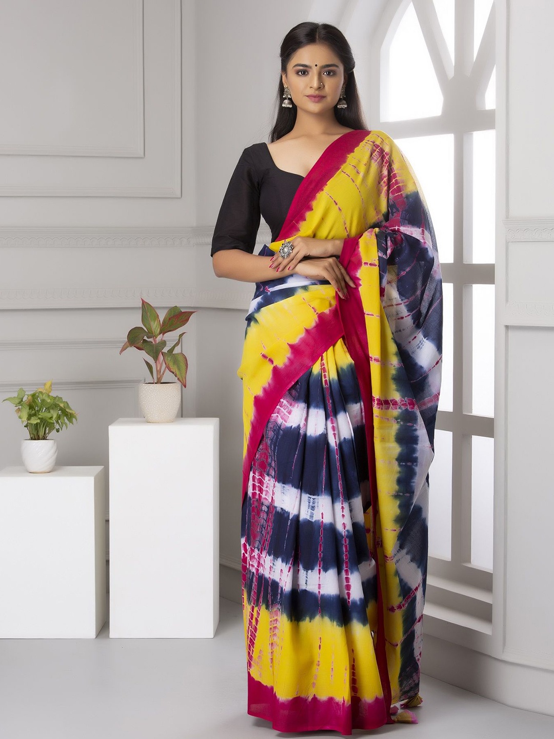

JAIPURI PRINT Tie and Dye Pure Cotton Bagru Saree, Yellow