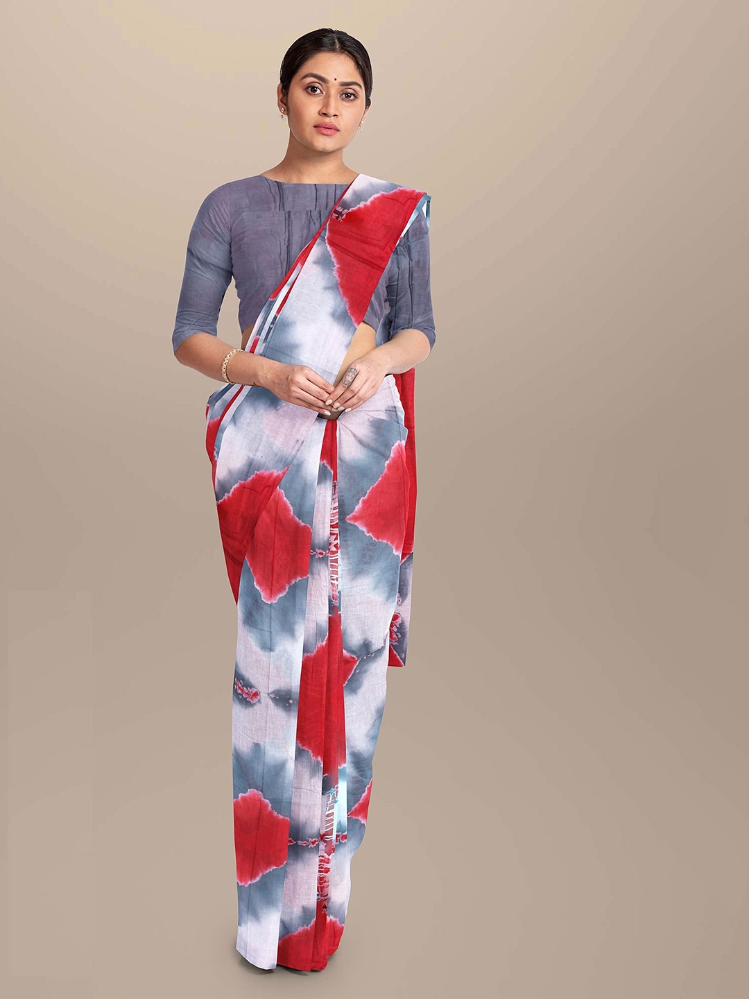 

JAIPURI PRINT Tie and Dye Pure Cotton Bagru Saree, White