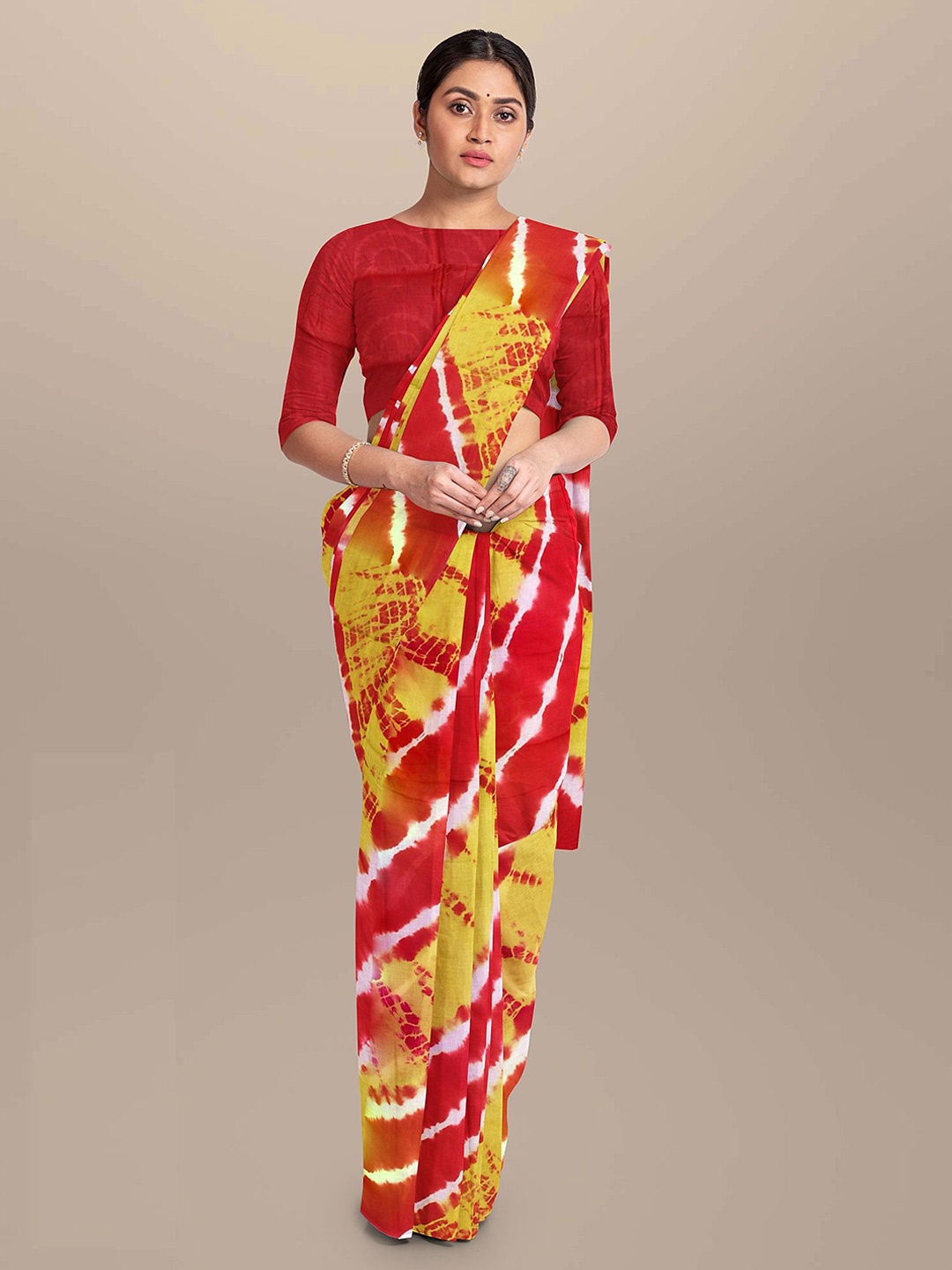 

JAIPURI PRINT Tie and Dye Pure Cotton Bagru Saree, Red