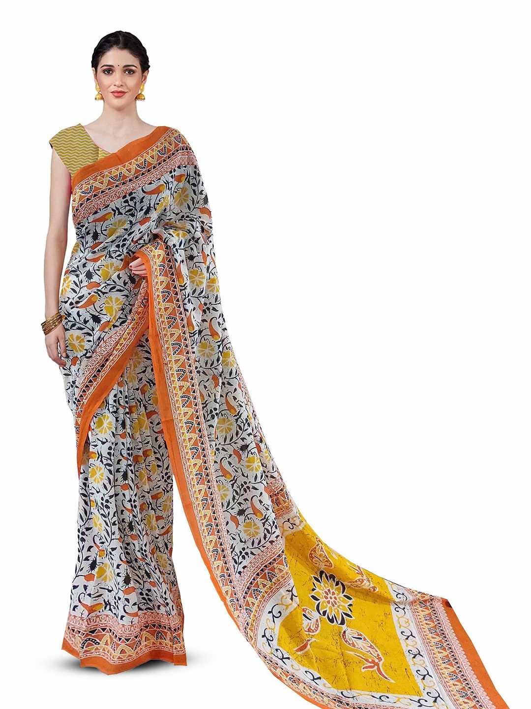 

JAIPURI PRINT Floral Pure Cotton Bagru Saree, White