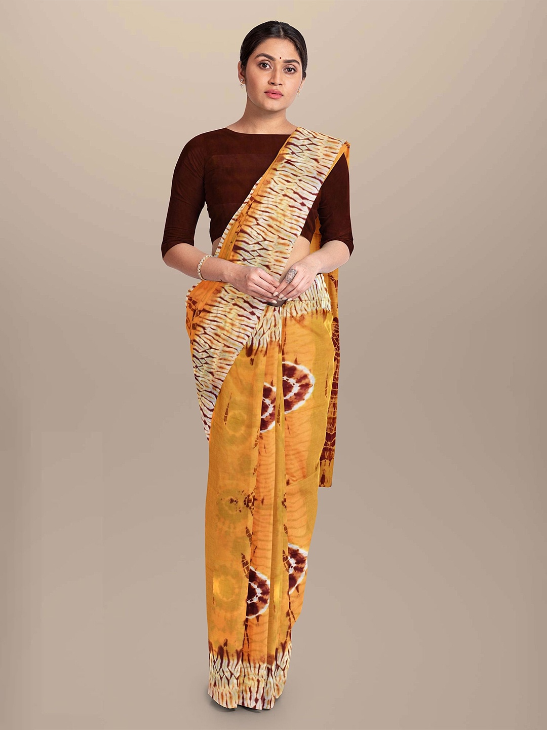 

JAIPURI PRINT Tie and Dye Pure Cotton Bagru Saree, Yellow