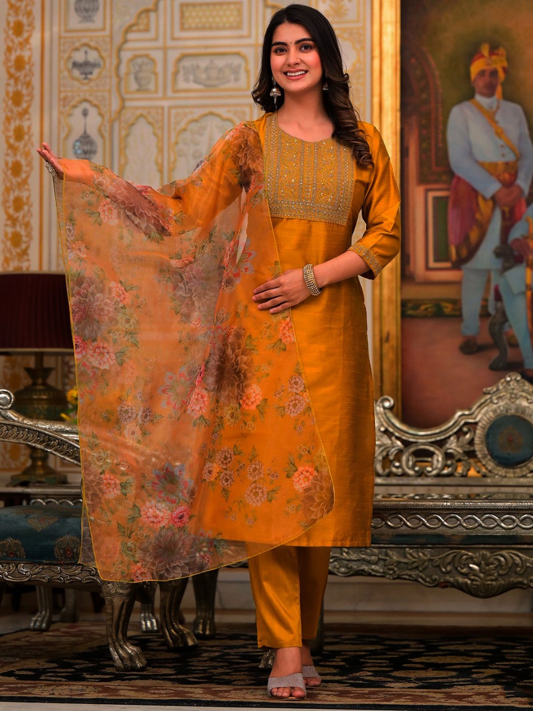 

ODETTE Women Floral Yoke Design Regular Thread Work Kurta with Trousers & With Dupatta, Mustard