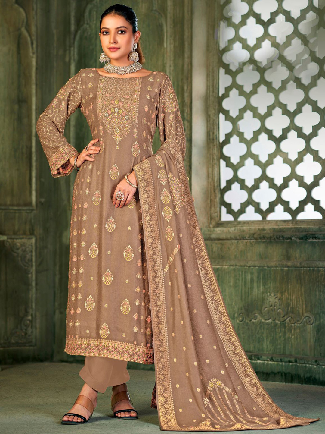 

ODETTE Women Ethnic Motifs Embroidered Regular Kurta with Trousers & With Dupatta, Beige