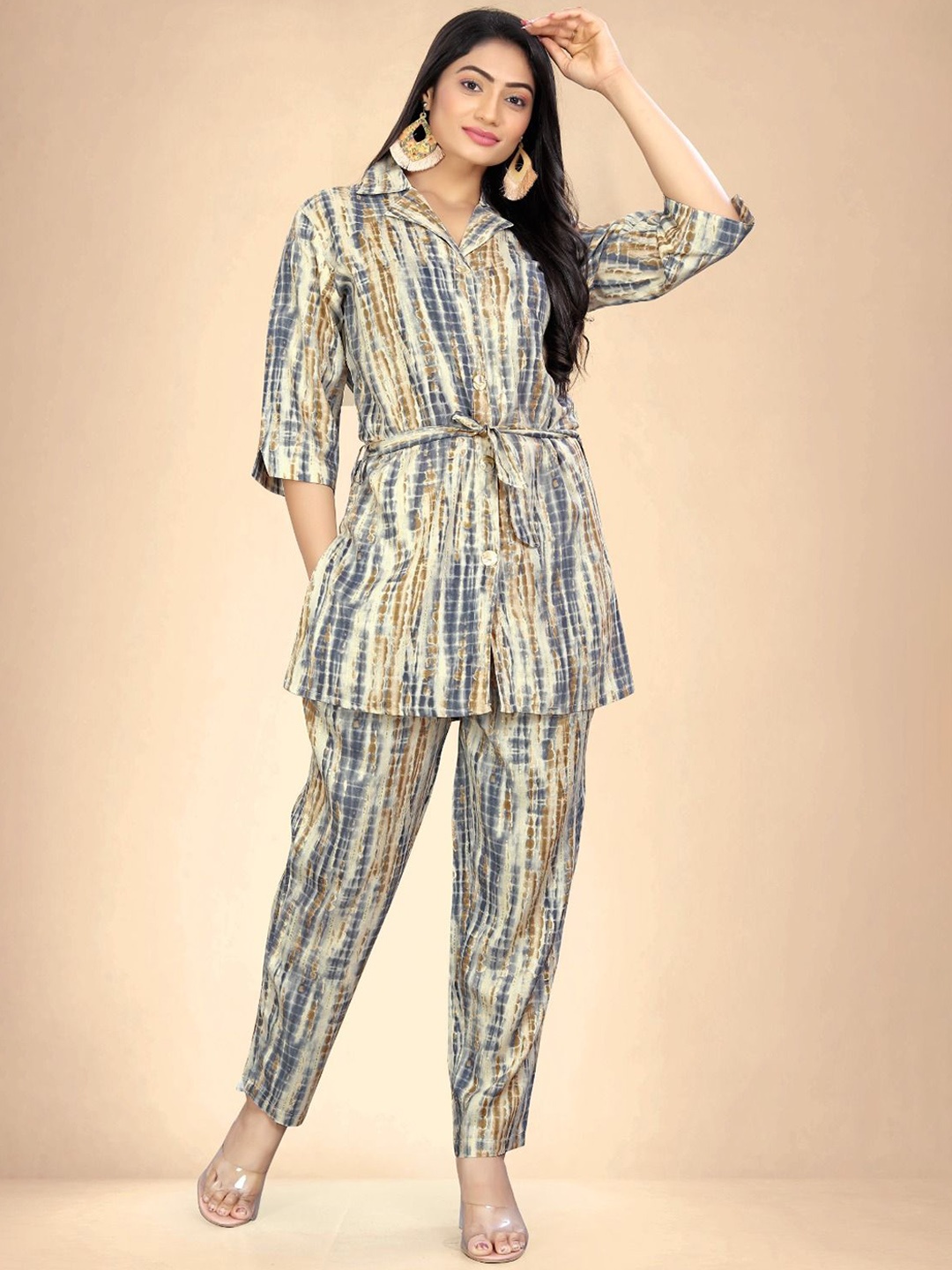 

Abhilasha Printed Pure Cotton Top With Trousers Co-Ords With Belt, Grey